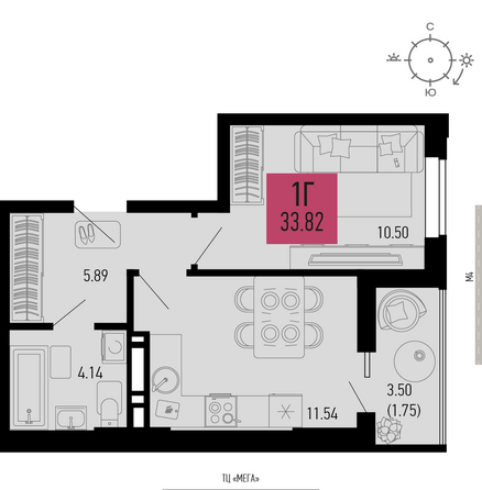 Планировка 1-комн 33,82, 34 м²