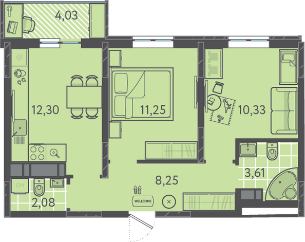 Планировка 2-комн 49,03 м²