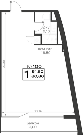 Планировка 1-комн 60,6 м²