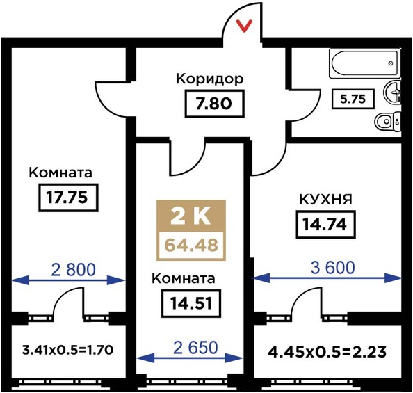 Планировка 2-комн 64,48 м²