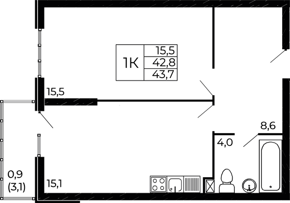 Планировка 1-комн 43,7 м²