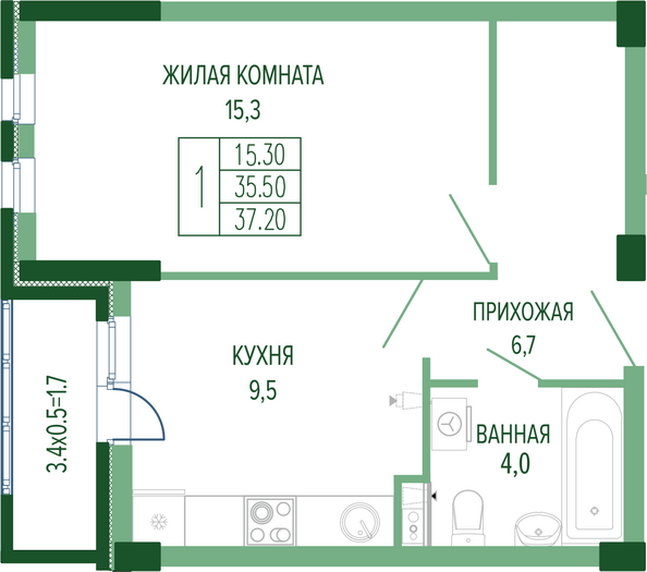 Планировка 1-комн 37,2 м²