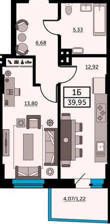 Планировка 1-комн 39,65, 39,66 м²