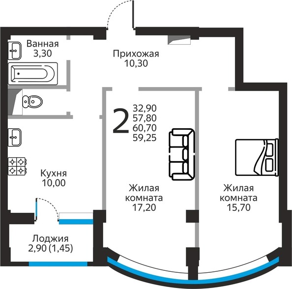 Планировка 2-комн 59,25 м²