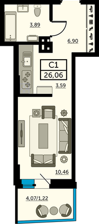 Планировка Студия 25,6, 25,68 м²