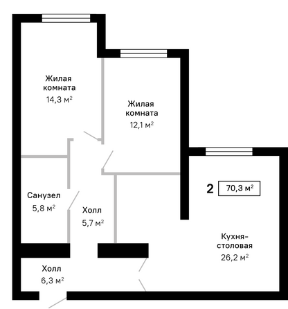 Планировка 2-комн 70,3 м²