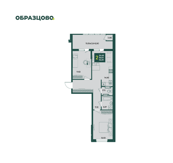 Планировка 2-комн 62,38 м²