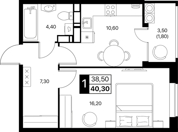 Планировка 1-комн 40,3, 40,7 м²