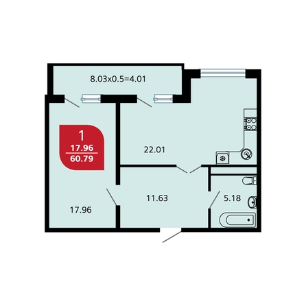 Планировка 1-комн 60,79 м²