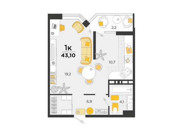 Планировка 1-комн 43,1 м²