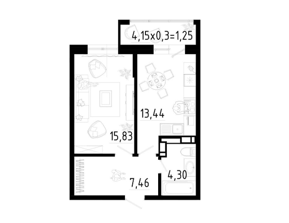 Планировка 1-комн 42,28 м²