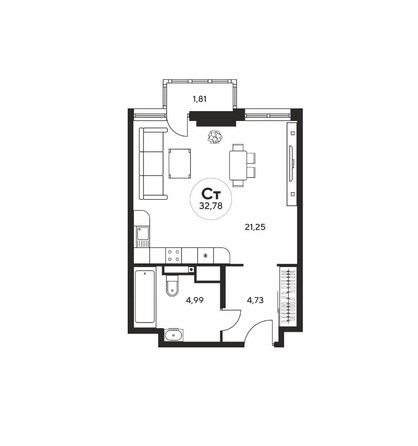 Планировка Студия 32,84, 32,94 м²