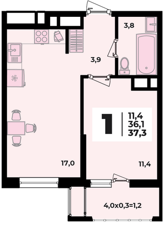 Планировка 1-комн 37,3 м²