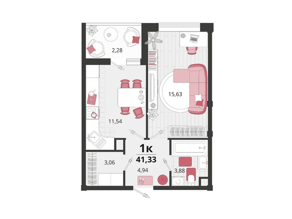 Планировка 1-комн 41,33 м²