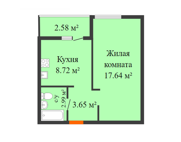 Планировка 1-комн 33,97 м²