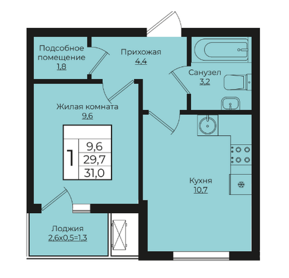 Планировка 1-комн 31 м²