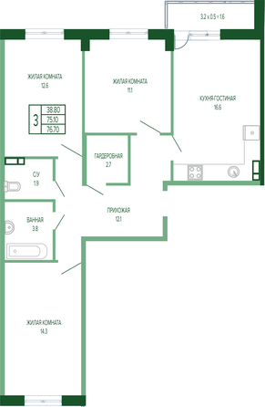 Планировка 3-комн 76,7, 77,7 м²