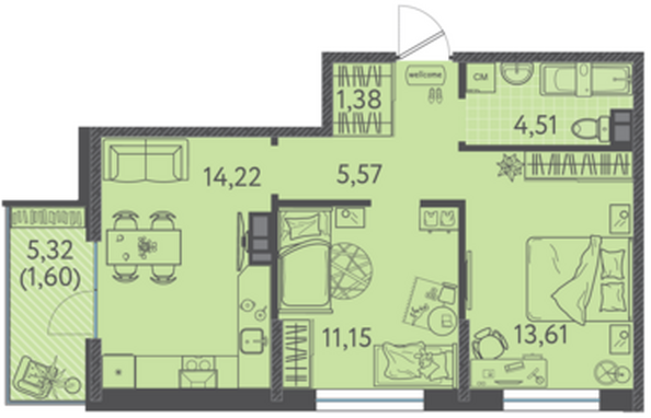 Планировка 2-комн 52,04 м²