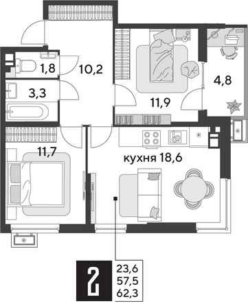 Планировка 2-комн 62,3 м²