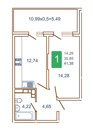 Планировка 1-комн 41,05 - 41,38 м²