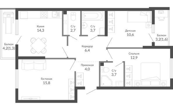 Планировка 3-комн 77 м²