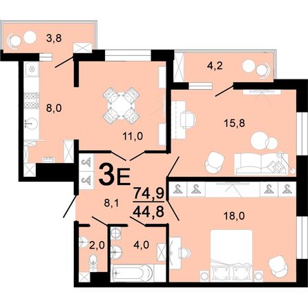 Планировка 3-комн 74,9 м²