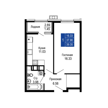 Планировка 1-комн 39,35 м²