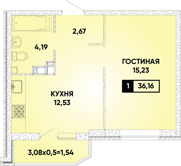 Планировка 1-комн 36,16 м²