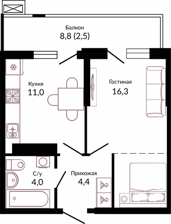 Планировка 1-комн 38,3 м²