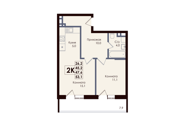 Планировка 2-комн 47,6 м²