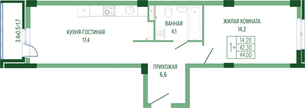 Планировка 1-комн 44 м²