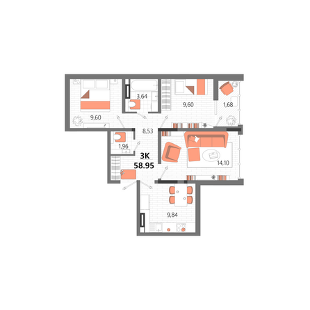Планировка 3-комн 58,95 м²