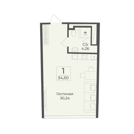Планировка 1-комн 34,5 м²