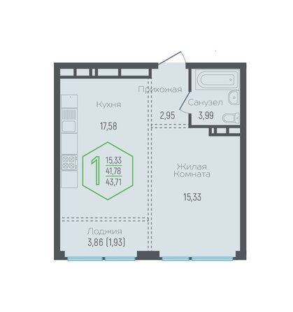 Планировка 1-комн 41,78 м²