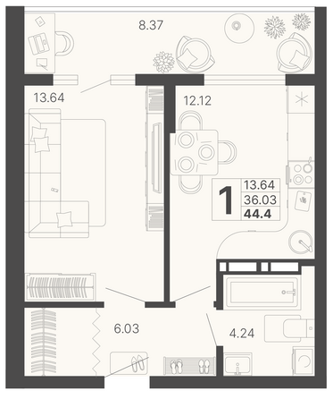 Планировка 1-комн 40,22 м²