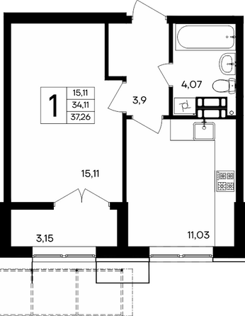 Планировка 1-комн 37,26, 37,27 м²