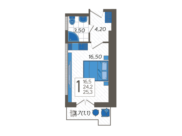 Планировка 1-комн 25,3 м²