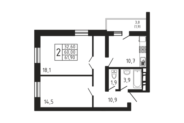 Планировка 2-комн 61,9 м²