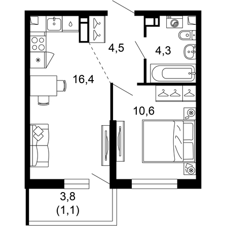 Планировка 1-комн 36,9 м²