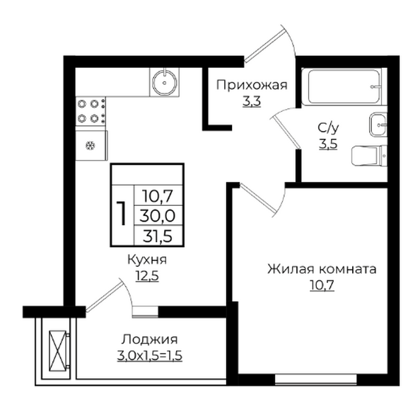 Планировка 1-комн 31,5 м²