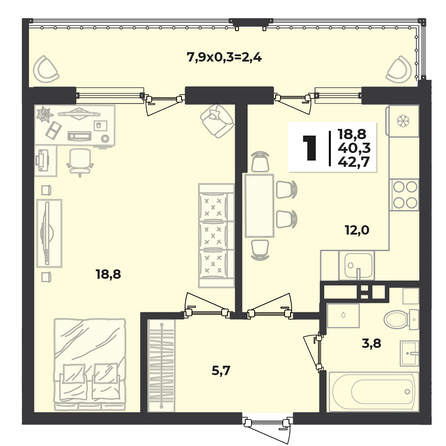 Планировка 1-комн 42,7 м²