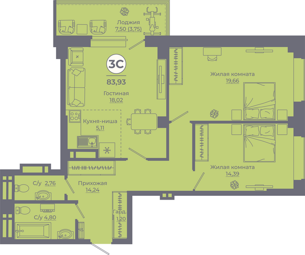 Планировка 3-комн 83,61 - 84,78 м²