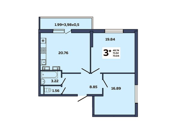 Планировка 3-комн 73,04 м²