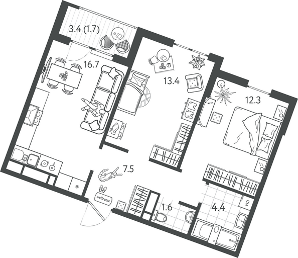 Планировка 2-комн 57,6 м²