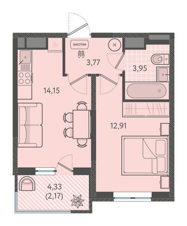 Планировка 1-комн 36,55 - 37,15 м²