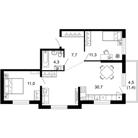 Планировка 2-комн 66,4 м²