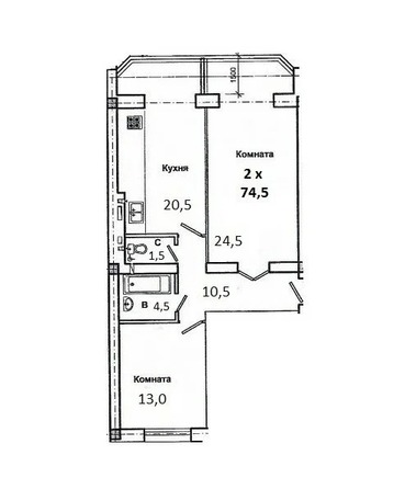 Планировка 2-комн 74,5 м²