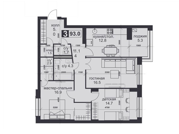 Планировка 3-комн 93 м²