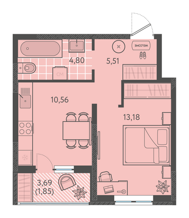 Планировка 1-комн 35,7 - 36,8 м²