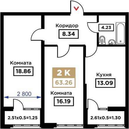 Планировка 2-комн 63,26 м²